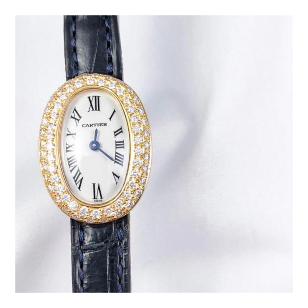 Cartier Baignoire Small Model 18K Sarı Altın & Siyah Rugan Deri