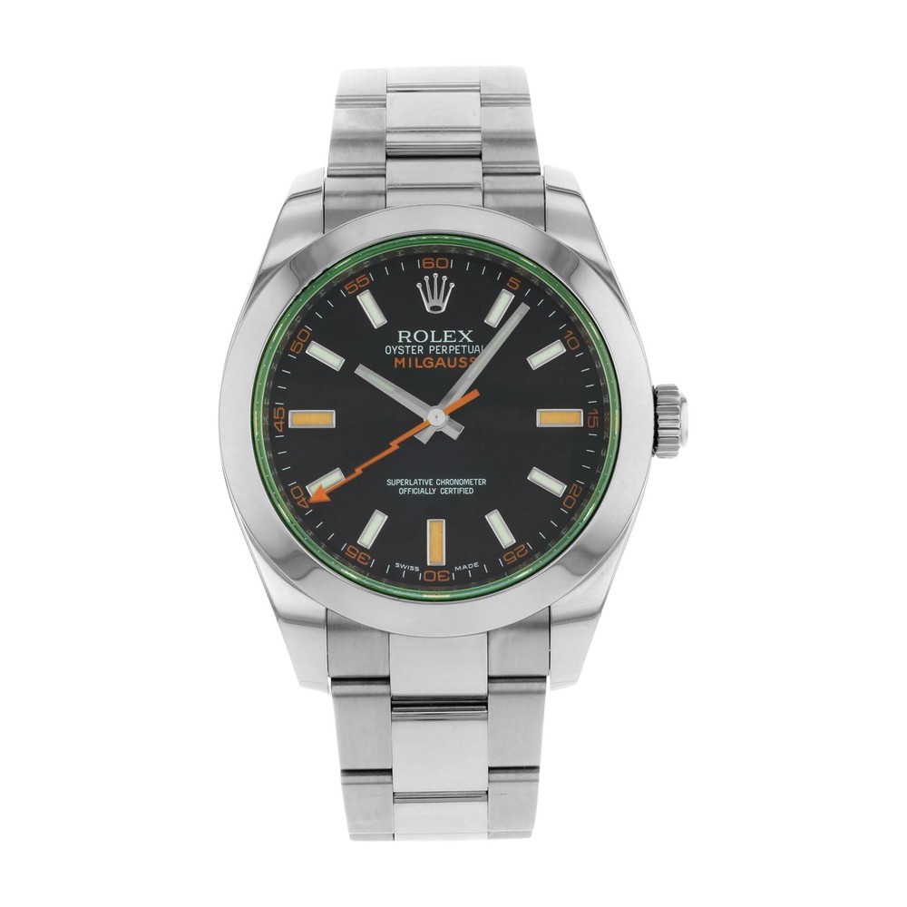 Rolex Milgauss 40mm Siyah Kadran Yeşil Safir Cam Turuncu Şimşek Saniye