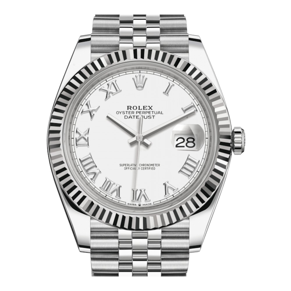 Rolex Datejust 41mm Yivli Bezel Beyaz Kadran Romen Rakamlı Jubilee